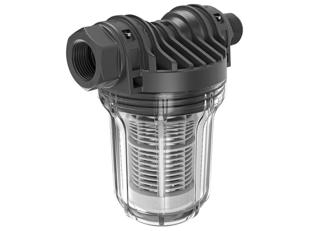 Gartenpumpenfilter von Grundfos mit transparentem Gehäuse und zwei Anschlussgewinden, geeignet zur Installation in Druckerhöhungsanlagen.